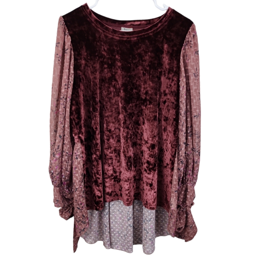 Ivy Jane Crushed Velvet Floral Tunic Top Sheer Balloon Sleeves Size Large